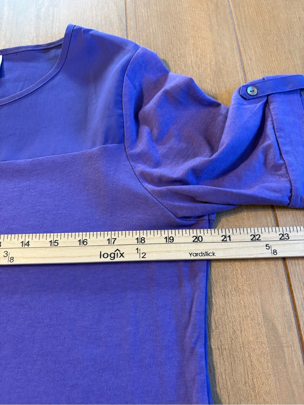Chico’s Size 1 Purple Mixed Media Hi Low Top Button Sleeve Casual Tunic Classic - Picture 10 of 12